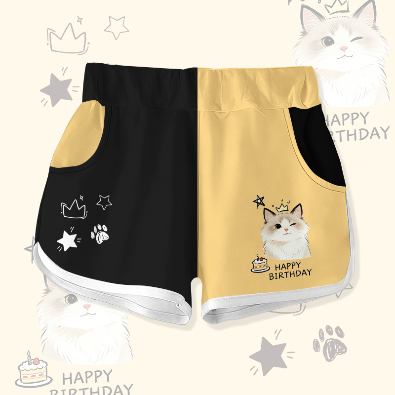 HAPPYバースデー ウィンクキャットケーキ グラフィックModakawaカラーブロックショーツ - Black & Yellow - 5XL - image 2