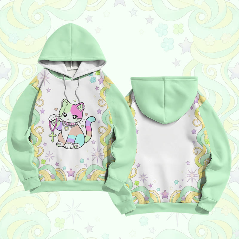 マキシマリストレインボーキャットグラフィックModakawaカラーブロックプルオーバーパーカー - Green - 6XL - image 2