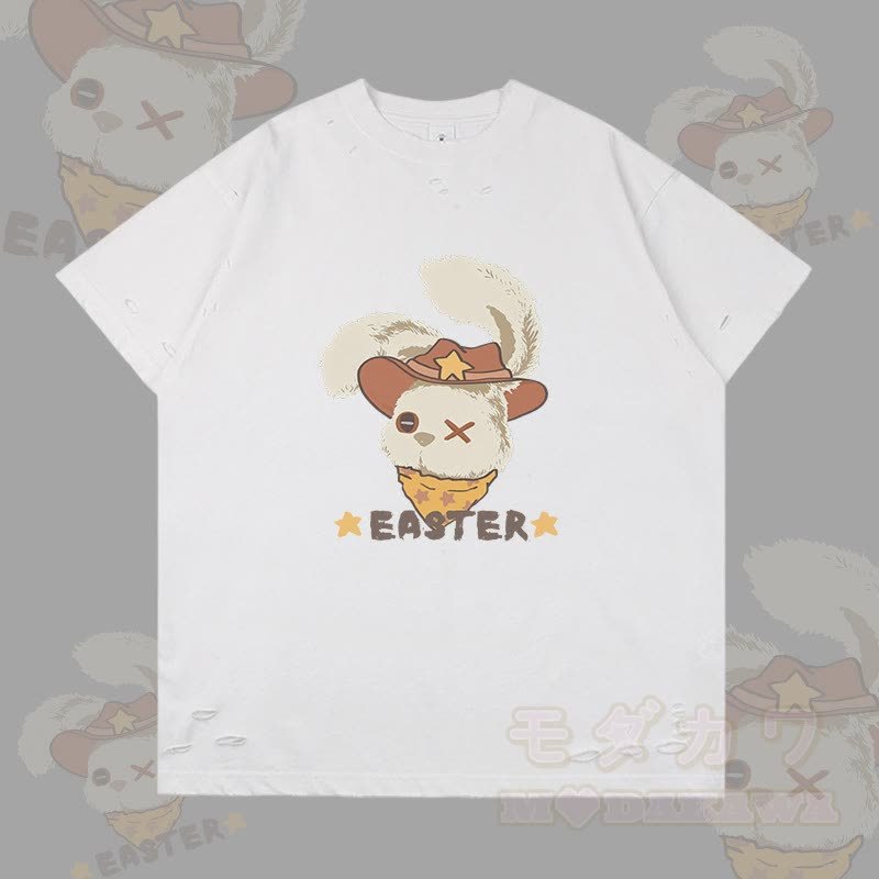 イースター カウボーイバニー グラフィックModakawaリップド Tシャツ - 白 - 2XL - image 4
