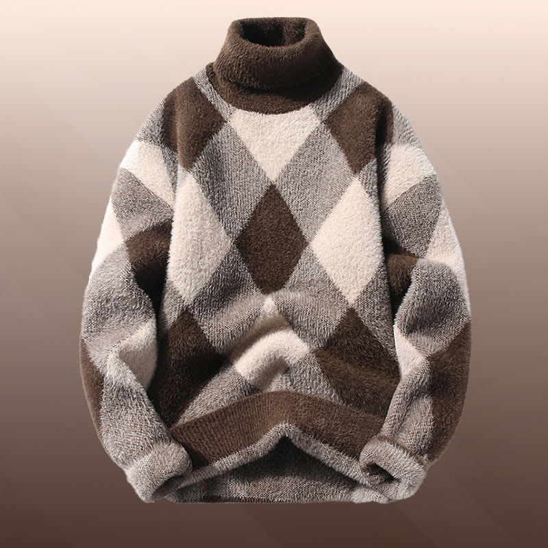 チェック柄ファジーニットセーターデニムパンツツーピース - Brown Sweater - 3XL - image 7