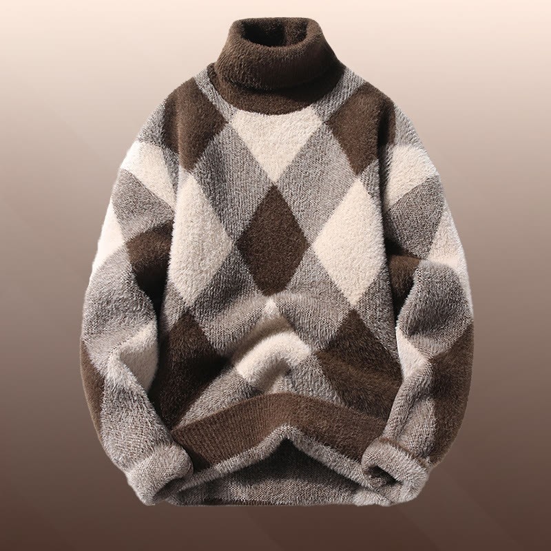 チェック柄ファジーニットセーターデニムパンツツーピース - Brown Sweater - 3XL - image 7