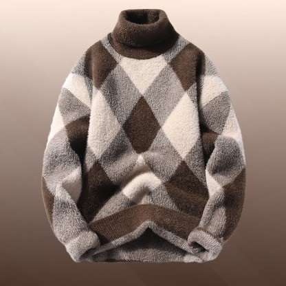 チェック柄ファジーニットセーターデニムパンツツーピース - Brown Sweater - 3XL - image 7