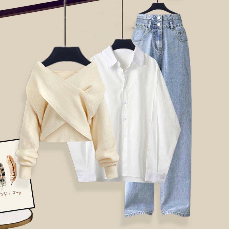 クロスニットセーター、ラペルシャツ、デニムパンツのマッチングコーデ - Apricot Set - XL - image 6