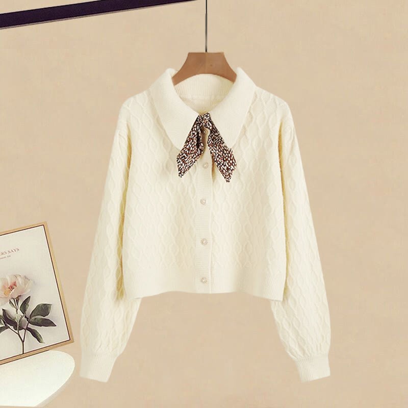 ベルト付きニットセータードレス、テクスチャードセーター、チェック柄スカートのマッチングアウトフィット - Beige Sweater - XL - image 3