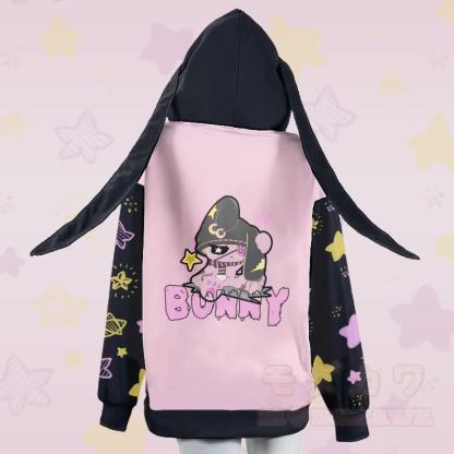 MODAKAWA ハッピーバニー グラフィック ジッパー ロング バニーイヤー パーカー - image 3