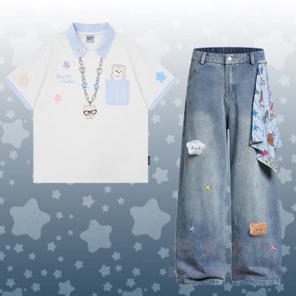 子犬柄ポロシャツと星柄デニムパンツのセット - セットD - XL - image 8