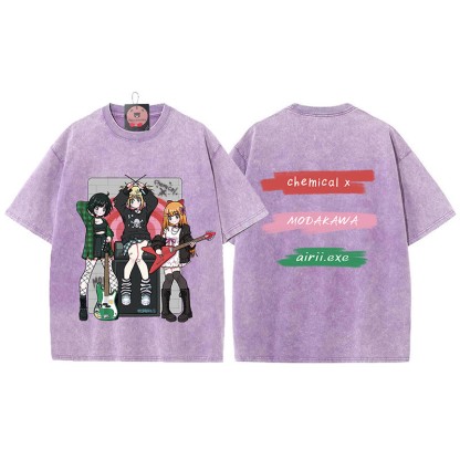 MODAKAWA X airii.exeギターガールレタープリント ヴィンテージウォッシュ加工100%綿ModakawaTシャツ - Purple - 5XL - image 5