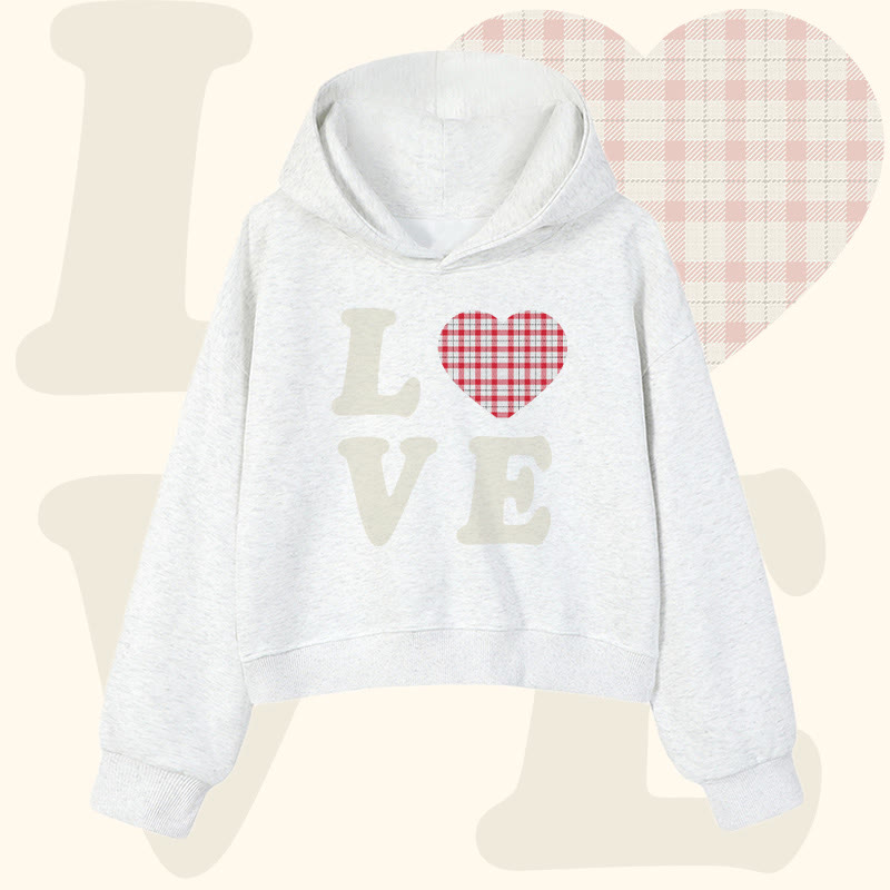LOVE トレンディ グリッド ハート グラフィックModakawaクロップド綿フーディー - Light Grey - 3XL - image 2