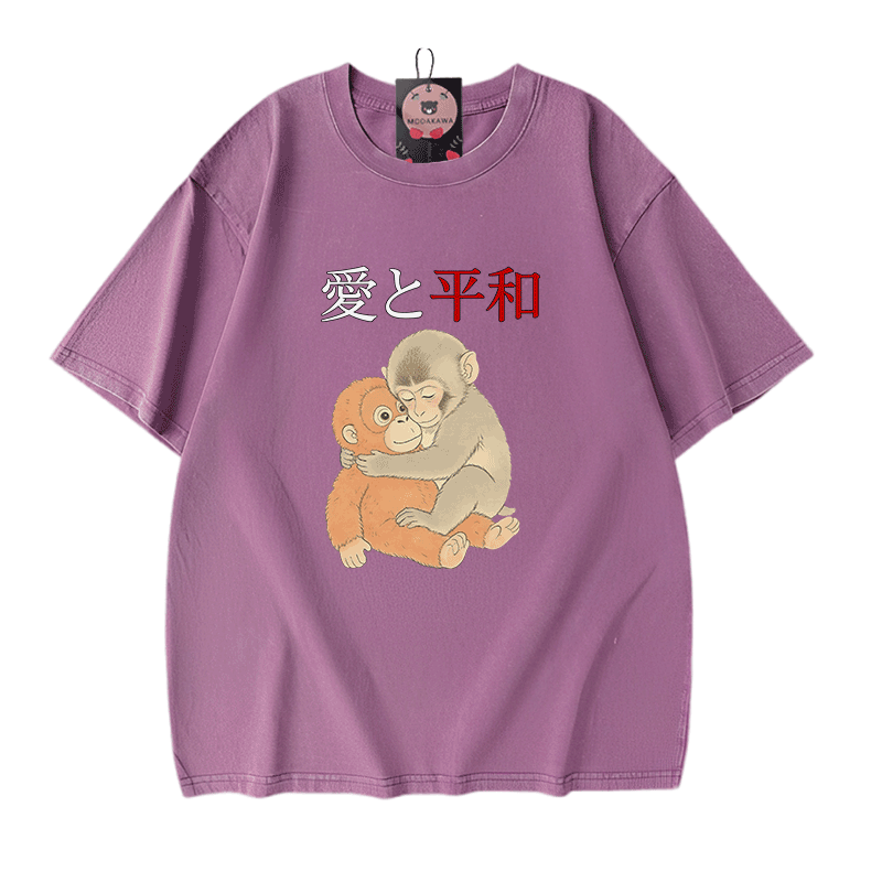 ピース・ラブ・ハグ・パンチ・モンキー・グラフィックModakawaヴィンテージウォッシュ加工綿100% Tシャツ - Purple - 5XL - image 6