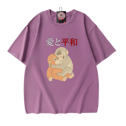 ピース・ラブ・ハグ・パンチ・モンキー・グラフィックModakawaヴィンテージウォッシュ加工綿100% Tシャツ - Purple - 5XL - image 6