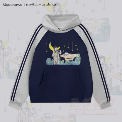MODAKAWA X sumita_masataka シンガーと猫のグラフィックカラーブロック 裏起毛 パーカー - グレー＆パープルブルー - 2XL - image 3