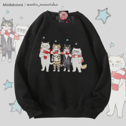MODAKAWA X sumita_masataka スカーフシェアリングキャッツグラフィックユニセックススウェットシャツ - Black - 5XL - image 5