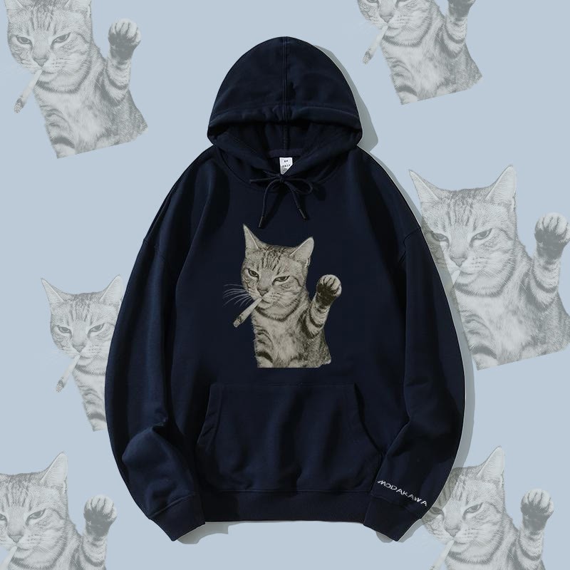 MODAKAWA スモーキングキャット グラフィック コットンブレンド ストリートウェア プルオーバーパーカー - Purplish Blue - 5XL - image 3