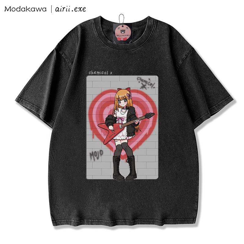 MODAKAWA X airii.exe CHEMICAL ギターガール レタープリント ヴィンテージウォッシュ加工100%綿ModakawaTシャツ - Black - 3XL - image 4