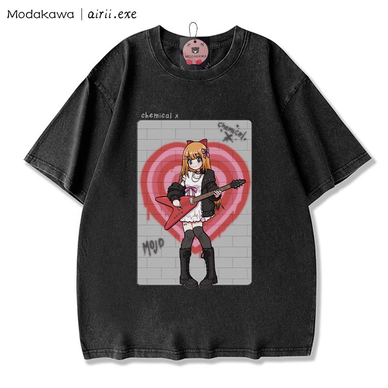 MODAKAWA X airii.exe CHEMICAL ギターガール レタープリント ヴィンテージウォッシュ加工100%綿ModakawaTシャツ - Black - 3XL - image 4