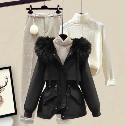 フリースフード付きコート、タートルネックセーター、カジュアルパンツのマッチングコーデ - Set D - 4XL - image 4