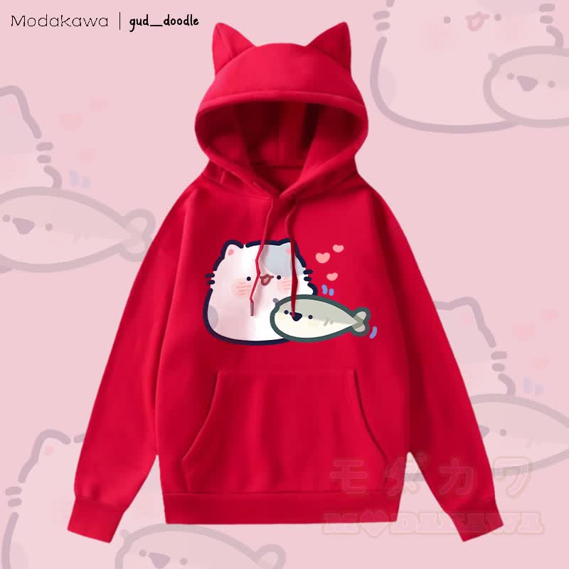 MODAKAWA x gud_doodle猫と魚のグラフィックポケット付きフリース裏地付き猫耳パーカー - 赤 - 2XL - image 4