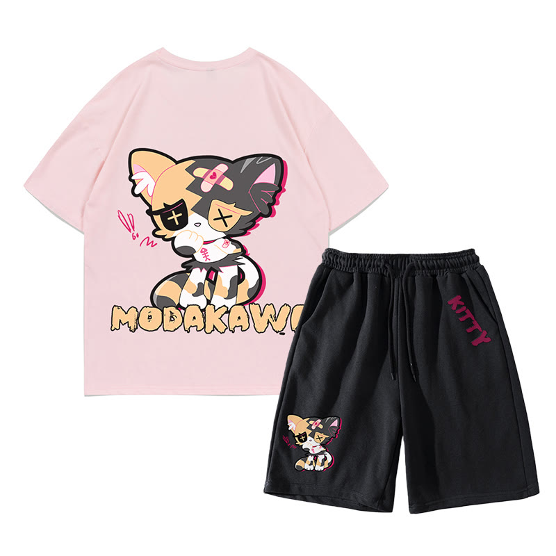 悲しいキティのグラフィックダーク美的Tシャツショーツ2点セット - ピンク＆ブラック - あ - 5XL - image 7