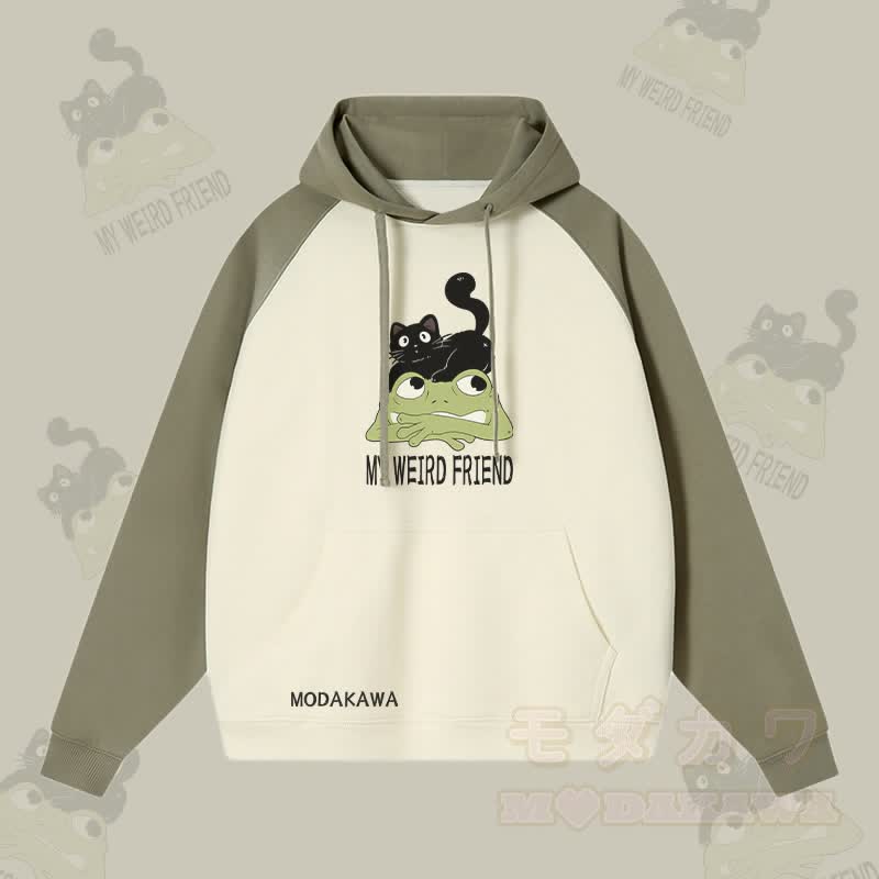 MY WEIRD FRIEND ブラックキャットフロッググラフィックストリートウェアカラーブロックパーカー - グリーン＆アプリコット - 3XL - image 3