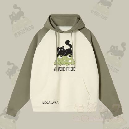 MY WEIRD FRIEND ブラックキャットフロッググラフィックストリートウェアカラーブロックパーカー - グリーン＆アプリコット - 3XL - image 3
