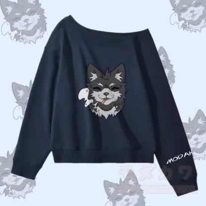 MODAKAWA スモーキングパピー グラフィック オフショルダー スウェットシャツ - 紫がかった青 - L - image 4