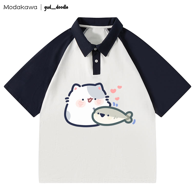 MODAKAWA X gud_doodleキティフィッシュレタープリント ポロシャツ - White&Purplish Blue - 4XL - image 1