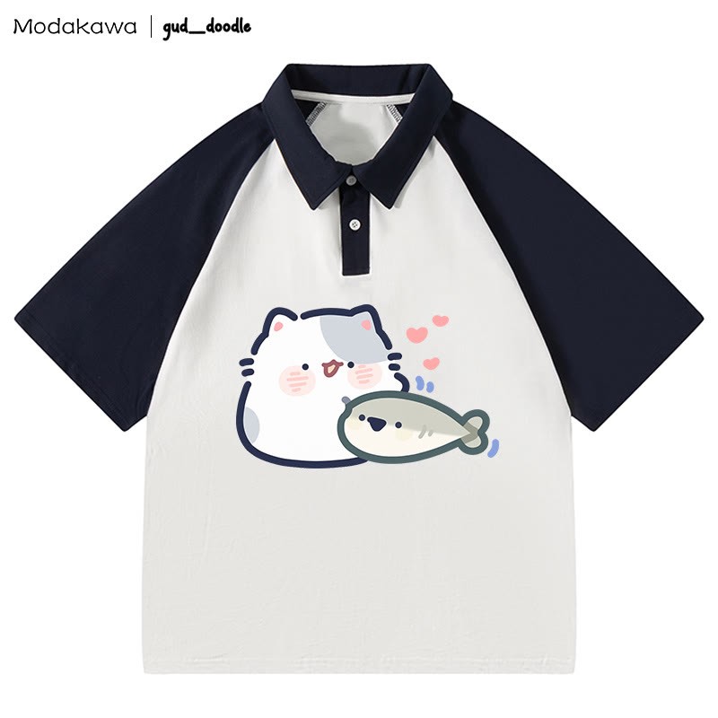 MODAKAWA X gud_doodleキティフィッシュレタープリント ポロシャツ - White&Purplish Blue - 4XL - image 1