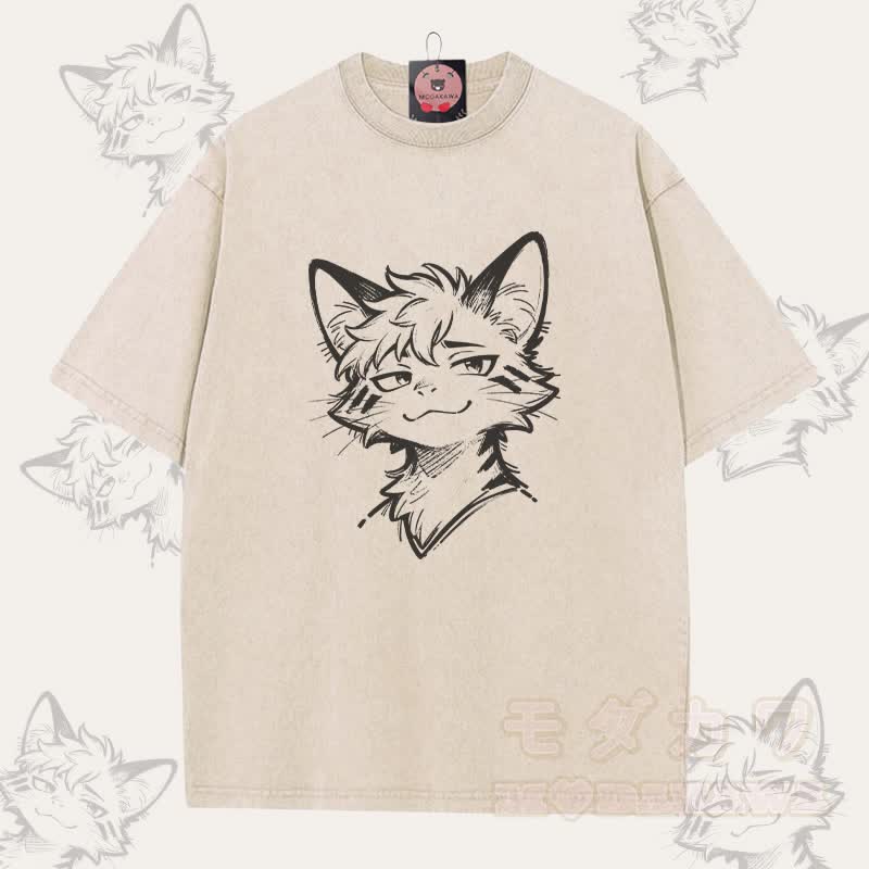 MODAKAWA 遊び心のあるフォックスボーイグラフィック ユニセックス ヴィンテージウォッシュTシャツ - アプリコット - 5XL - image 3