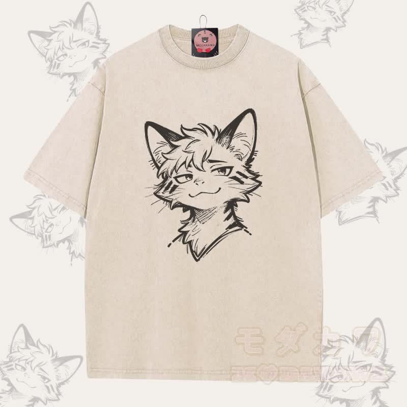MODAKAWA 遊び心のあるフォックスボーイグラフィック ユニセックス ヴィンテージウォッシュTシャツ - アプリコット - 5XL - image 3