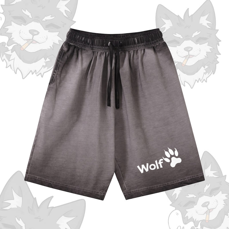 WOLF グラフィックModakawa 100%綿グラデーション ヴィンテージ ウォッシュ加工 ダメージ加工 ショートパンツ - Grey - 5XL - image 2