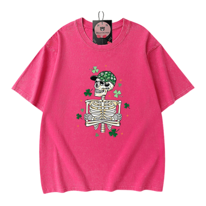 セント・パトリック・デー グラフィックModakawaヴィンテージ ウォッシュ加工100%綿Tシャツ - Rose Red - 5XL - image 5