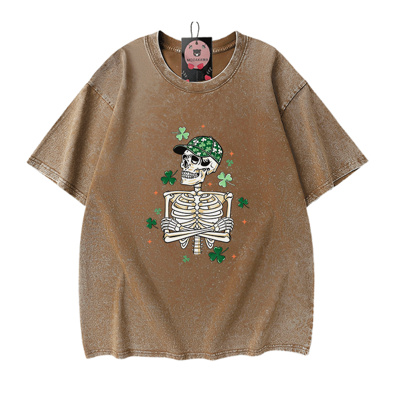 セント・パトリック・デー グラフィックModakawaヴィンテージ ウォッシュ加工100%綿Tシャツ - Brown - 5XL - image 7