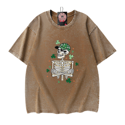 セント・パトリック・デー グラフィックModakawaヴィンテージ ウォッシュ加工100%綿Tシャツ - Brown - 5XL - image 7