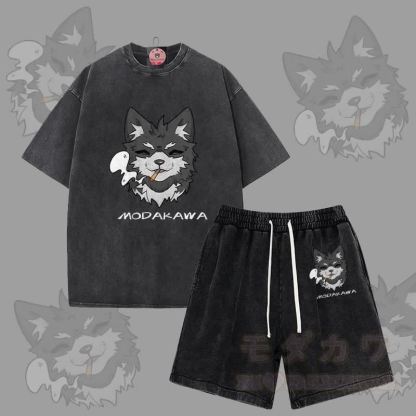 MODAKAWA スモーキングパピー グラフィック ヴィンテージウォッシュTシャツ ショーツ 2点セット - 黒 - 3XL - image 5