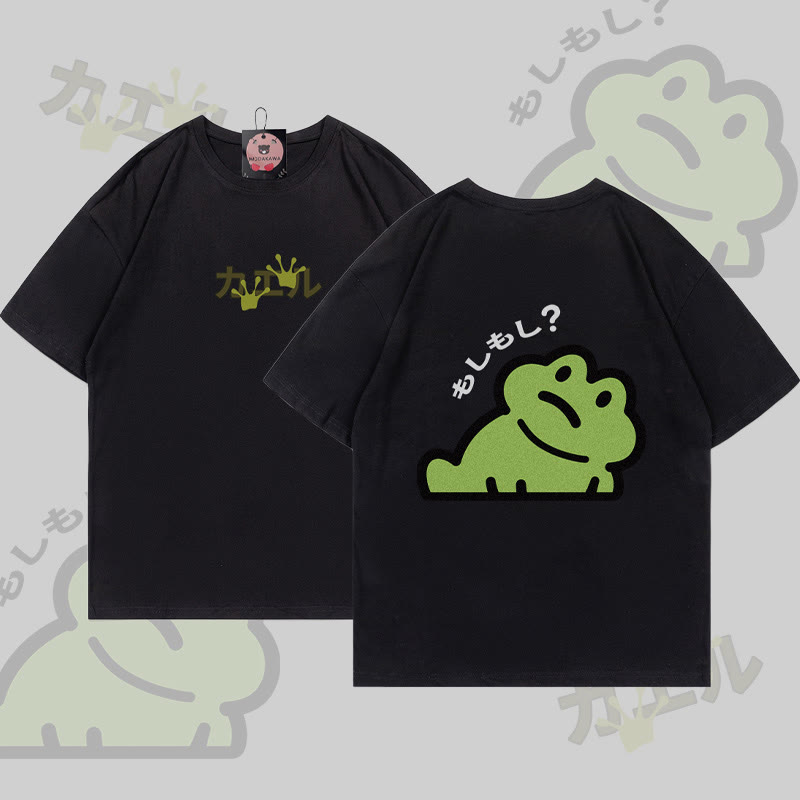 面白いカエルのグラフィックTシャツ - Black - 5XL - image 5