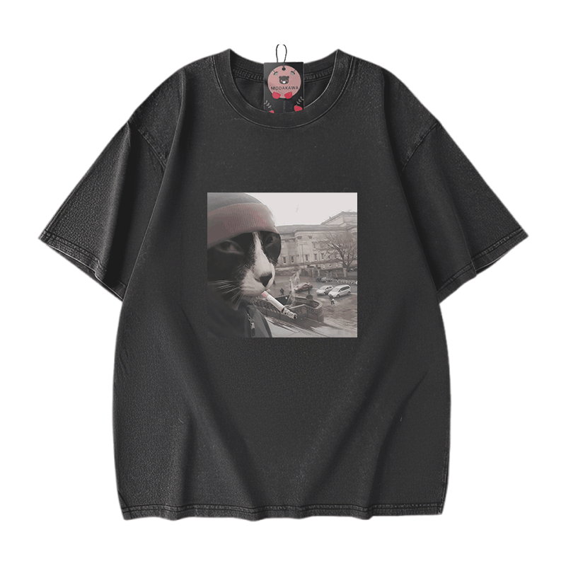 ストリートスモーキングキャットグラフィックModakawaユニセックス ヴィンテージウォッシュドTシャツ - Black - 5XL - image 2