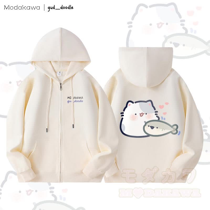MODAKAWA x gud_doodleキティと魚のグラフィック 裏起毛 ジップアップ パーカー スウェットシャツ - ベージュ - 5XL - image 4
