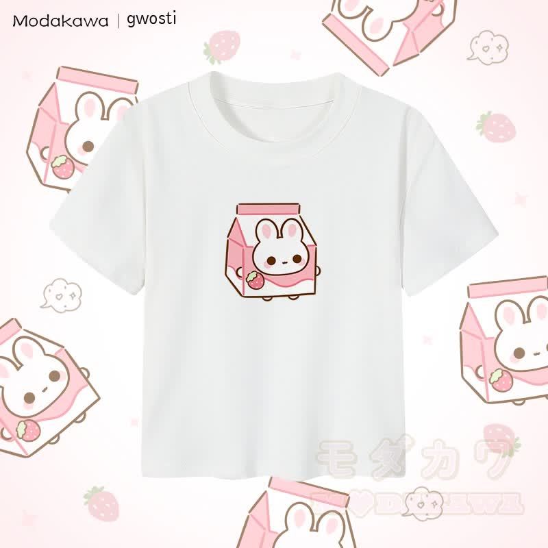 MODAKAWA X gwosti Strawbunny ミルクグラフィック レディース クロップドTシャツ 92% コーマ綿クロップトップ - 白 - XL - image 4