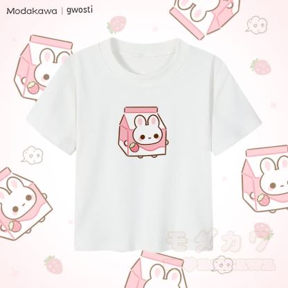 MODAKAWA X gwosti Strawbunny ミルクグラフィック レディース クロップドTシャツ 92% コーマ綿クロップトップ - 白 - XL - image 4