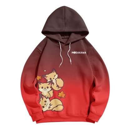 Modakawaグラデーションフォックスレタープリントルーズパーカー - Red - 6XL - image 3