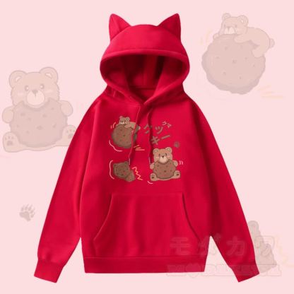 MODAKAWA クッキーベア グラフィックポケット 裏起毛 猫耳パーカー - 赤 - 2XL - image 4