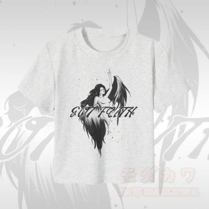 MODAKAWA GOT FAITH エンジェルグラフィック レディース クロップドTシャツ 92% コーマ綿クロップトップ - 白 - XL - image 3