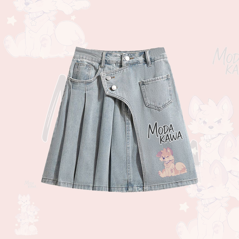 MODAKAWA × popipeko 子犬柄オーバーサイズボタンアップシャツと不規則なデニムプリーツスカートのセットアップ - Blue Skirt - XL - image 3