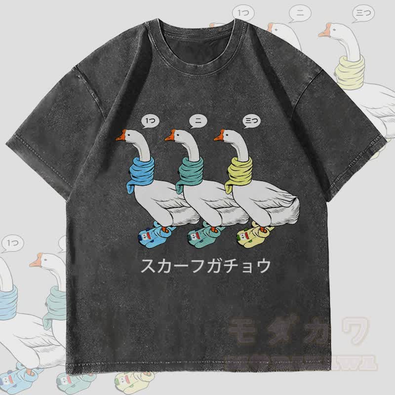 MODAKAWA スリースカーフ ガチョウ グラフィック ユニセックス ヴィンテージ ウォッシュド Tシャツ - 黒 - 4XL - image 4