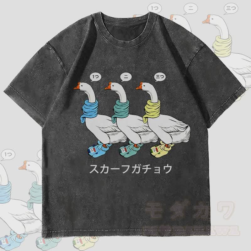 MODAKAWA スリースカーフ ガチョウ グラフィック ユニセックス ヴィンテージ ウォッシュド Tシャツ - 黒 - 4XL - image 4
