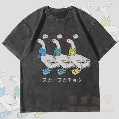 MODAKAWA スリースカーフ ガチョウ グラフィック ユニセックス ヴィンテージ ウォッシュド Tシャツ - 黒 - 4XL - image 4