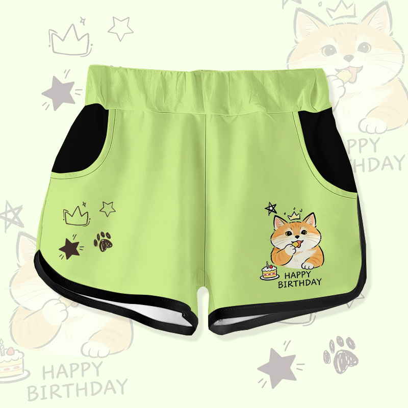 HAPPYバースデー 猫ケーキ グラフィックModakawaショーツ - Green - 5XL - image 4