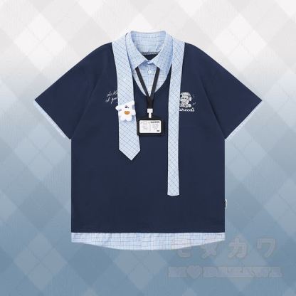 キティ刺繍チェック柄カラーブロックポロシャツ、3Dベアスターデニムパンツ、Modakawaお揃いコーデ - 紫がかった青色のTシャツ - XL - image 3