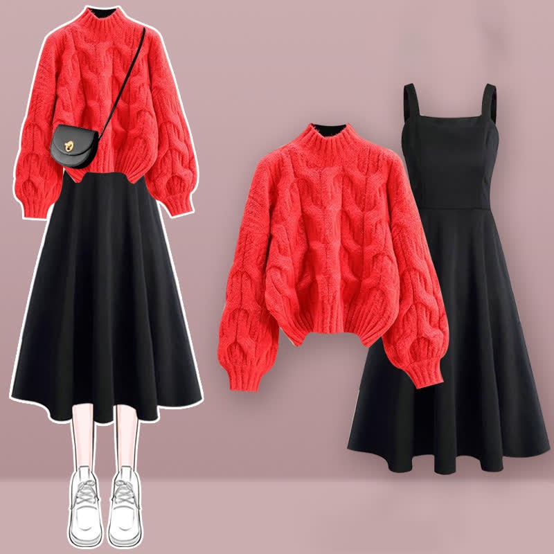 シックな純カラーケーブルセータースリップドレスのマッチングアウトフィット - Red Set - XL - image 5