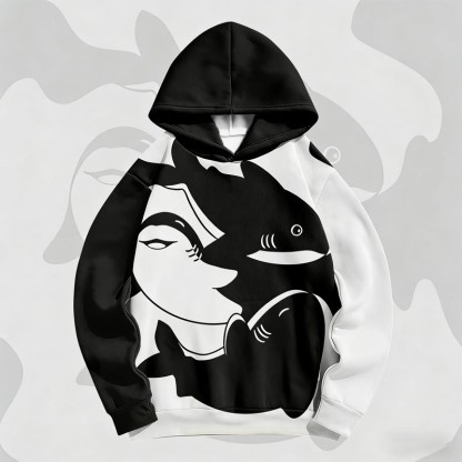 MODAKAWA シャークグラフィックカラーブロック総柄プルオーバーパーカー - Black - 6XL - image 4